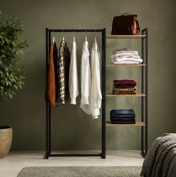 Industrial Open-Frame Wardrobe Rack with Wood Shelves