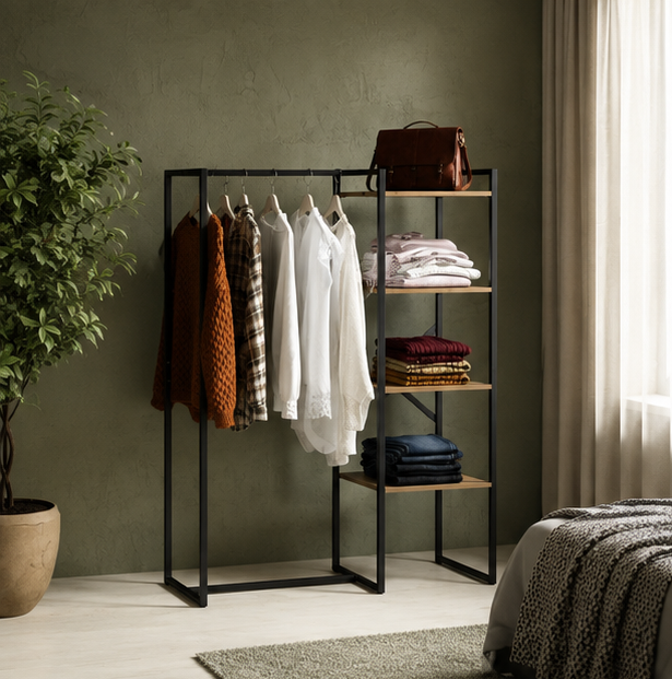 Industrial Open-Frame Wardrobe Rack with Wood Shelves