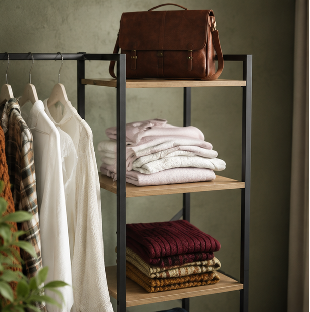 Industrial Open-Frame Wardrobe Rack with Wood Shelves