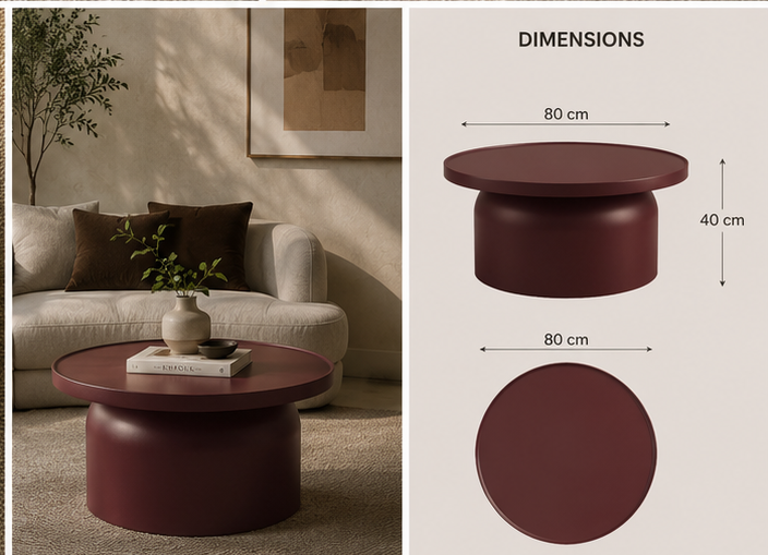 OONA Sculptural Burgundy Drum Coffee Table