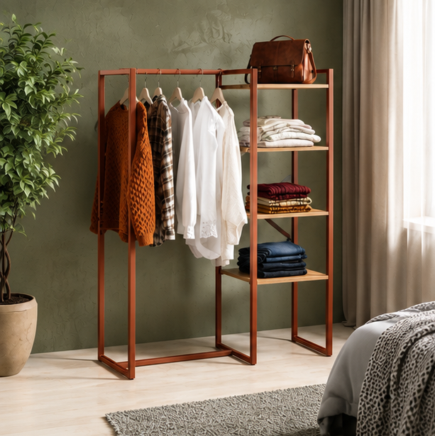 Industrial Open-Frame Wardrobe Rack with Wood Shelves