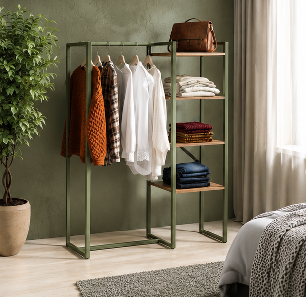 Industrial Open-Frame Wardrobe Rack with Wood Shelves