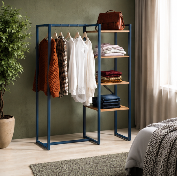 Industrial Open-Frame Wardrobe Rack with Wood Shelves