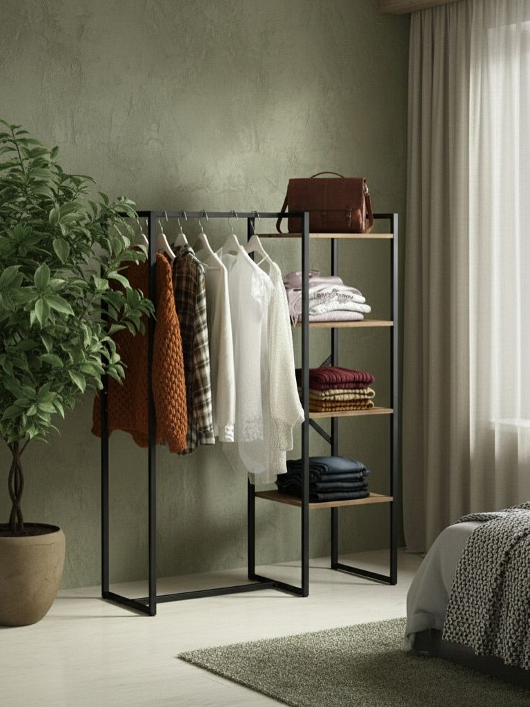 Industrial Open-Frame Wardrobe Rack with Wood Shelves